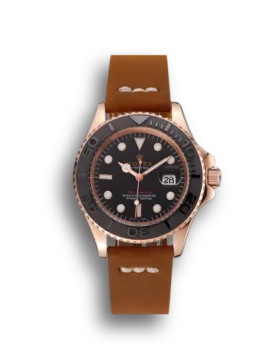 Rolex Yacht-Master Black Dial Rose Gold Case Brown Leather Bracelet 1453861