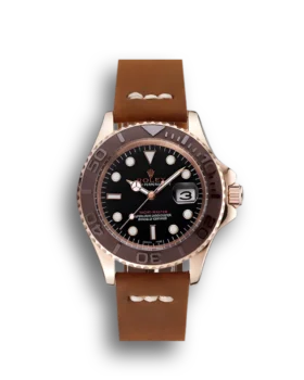 Rolex Yacht-Master Black Dial Brown Bezel Rose Gold Case Brown Leather Bracelet 1453860