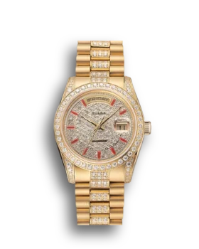 Replica Rolex Day-Date Red Diamond Pave Dial Gold Diamond Bracelet 1453960