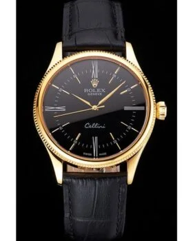 Fake Rolex Cellini Black Dial Roman Numerals Gold Case Black Leather Strap