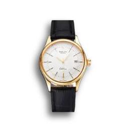 Super Clone Rolex Cellini Date White Dial Gold Case Black Leather Strap