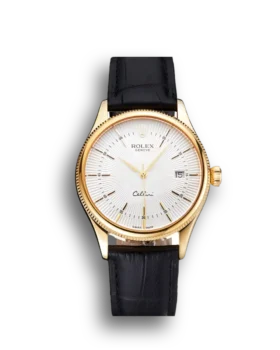 Super Clone Rolex Cellini Date White Dial Gold Case Black Leather Strap
