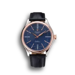 Rolex Cellini Blue Dial Gold Bezel Stainless Steel Case Black Leather Strap 622841