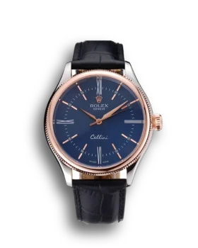 Rolex Cellini Blue Dial Gold Bezel Stainless Steel Case Black Leather Strap 622841
