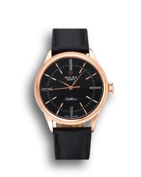 Super Clone Rolex Cellini Time Rose Gold Case Black Dial Black Leather Bracelet  622656