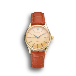 Super Clone Rolex Cellini Date Gold Guilloche Dial Gold Case Light Brown Leather Strap