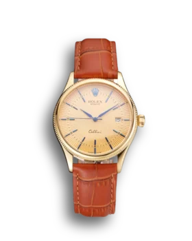 Super Clone Rolex Cellini Date Gold Guilloche Dial Gold Case Light Brown Leather Strap