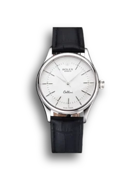 Super Clone Rolex Cellini White Guilloche Dial Stainless Steel Case Black Leather Strap