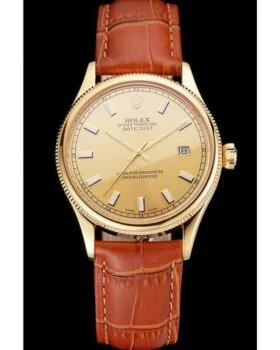 Fake Rolex Datejust Gold Dial Gold Case Light Brown Leather Strap