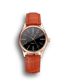 Super Clone Rolex Cellini Black Dial Roman Numerals Rose Gold Case Light Brown Leather Strap