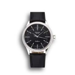 Super Clone Rolex Cellini Time Silver Case Black Dial Black Leather Bracelet  622654