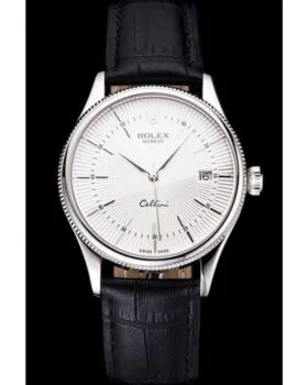 Fake Rolex Cellini Date White Dial Stainless Steel Case Black Leather Strap