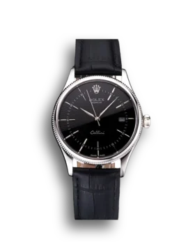Super Clone Rolex Cellini Date Black Dial Stainless Steel Case Black Leather Strap