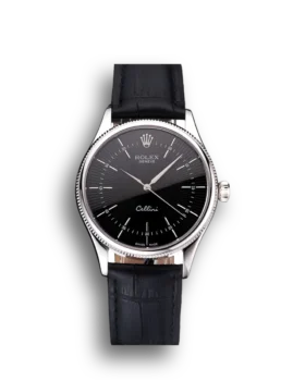 Super Clone Rolex Cellini Black Dial Steel Case Black Leather Strap