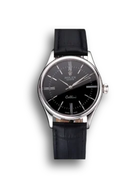 Super Clone Rolex Cellini Black Dial Roman Numerals Stainless Steel Case Black Leather Strap