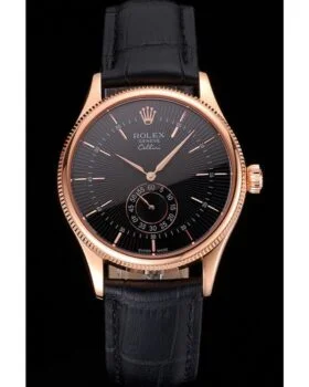 Fake Rolex Cellini Black Dial Rose Gold Case Black Leather Strap