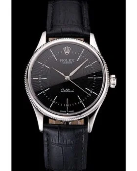 Fake Rolex Cellini Black Dial Steel Case Black Leather Strap