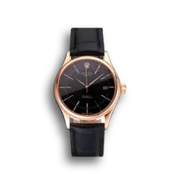 Super Clone Rolex Cellini Date Black Dial Rose Gold Markings Rose Gold Case Black Leather Strap