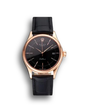 Super Clone Rolex Cellini Date Black Dial Rose Gold Markings Rose Gold Case Black Leather Strap