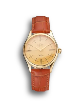 Super Clone Rolex Cellini Gold Dial Roman Numerals Gold Case Light Brown Leather Strap