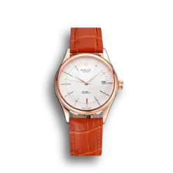 Super Clone Rolex Cellini White Dial Roman Numerals Rose Gold Case Light Brown Leather Strap