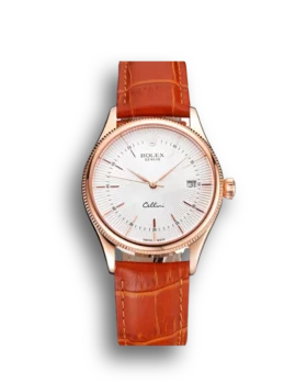 Replica Rolex Cellini White Dial Roman Numerals Rose Gold Case Light Brown Leather Strap