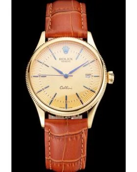 Fake Rolex Cellini Date Gold Guilloche Dial Gold Case Light Brown Leather Strap