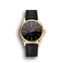 Super Clone Rolex Cellini Black Dial Roman Numerals Gold Case Black Leather Strap
