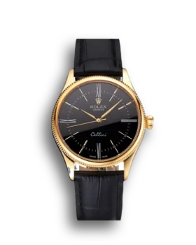 Super Clone Rolex Cellini Black Dial Roman Numerals Gold Case Black Leather Strap