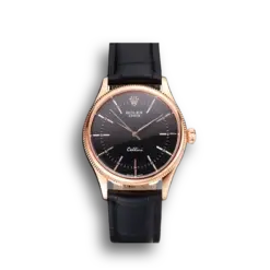 Super Clone Rolex Cellini Black Dial Rose Gold Markings Rose Gold Case Black Leather Strap