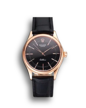 Super Clone Rolex Cellini Black Dial Rose Gold Markings Rose Gold Case Black Leather Strap