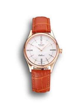 Super Clone Rolex Cellini Date White Dial Rose Gold Case Brown Leather Strap