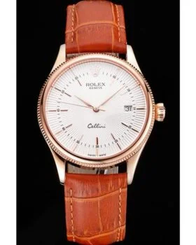 Fake Rolex Cellini Date White Dial Rose Gold Case Brown Leather Strap