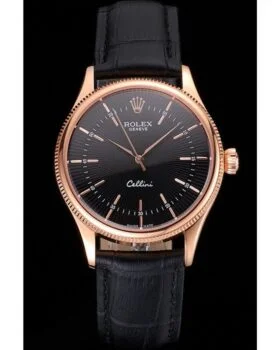 Fake Rolex Cellini Black Dial Rose Gold Markings Rose Gold Case Black Leather Strap