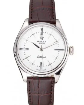 Fake Rolex Cellini White Dial Stainless Steel Case Brown Leather Strap 622839