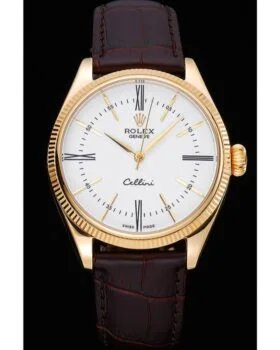 Fake Rolex Cellini White Dial Gold Case Brown Leather Strap 622833