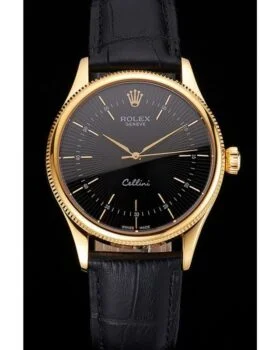 Fake Rolex Cellini Black Dial Gold Markings Gold Case Black Leather Strap