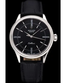 Fake Rolex Cellini Time Silver Case Black Dial Black Leather Bracelet  622654