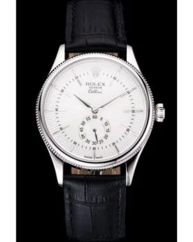 Fake Rolex Cellini White Dial Stainless Steel Case Black Leather Strap