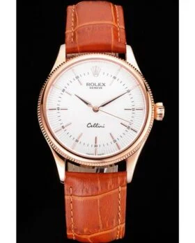 Fake Rolex Cellini White Dial Rose Gold Case Brown Leather Strap