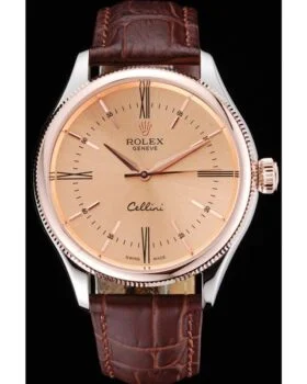 Fake Rolex Cellini Gold Dial And Bezel Stainless Steel Case Brown Leather Strap 622840