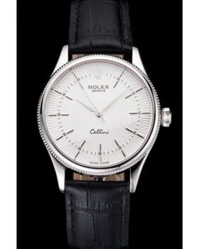 Fake Rolex Cellini White Guilloche Dial Stainless Steel Case Black Leather Strap