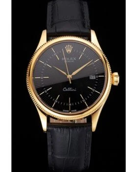 Fake Rolex Cellini Date Black Dial Gold Case Black Leather Strap