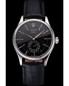 Fake Rolex Cellini Black Dial Stainless Steel Case Black Leather Strap