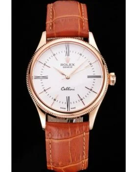 Fake Rolex Cellini White Dial Roman Numerals Rose Gold Case Light Brown Leather Strap