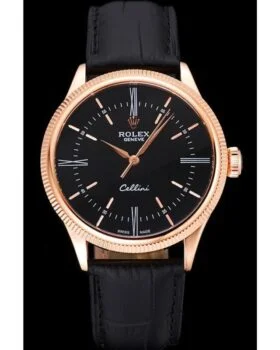 Fake Rolex Cellini Time Rose Gold Case Black Dial Black Leather Bracelet  622656