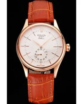Fake Rolex Cellini White Dial Rose Gold Case Light Brown Leather Strap