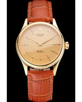 Fake Rolex Cellini Gold Dial And Markings Gold Case Light Brown Leather Strap