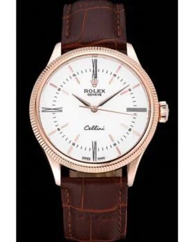 Fake Rolex Cellini Time Gold Case White Dial Brown Leather Bracelet  622655