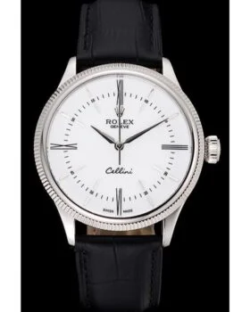 Fake Rolex Cellini Time Silver Case White Dial Black Leather Bracelet  622653